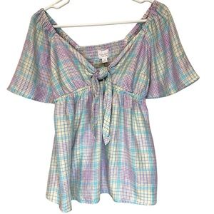 Ingrid & Isabel Woven Peek-a-boo Tie-Front Smocked Maternity Top Plaid Size XS